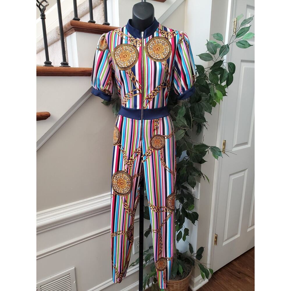 Good Time Womens Multicolor Striped Medallion Short Sleeve Casual Jumpsuit Large - Picture 11 of 11